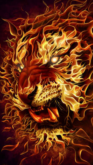 一隻由火焰組成的咆哮獅子，眼睛和火焰發光。