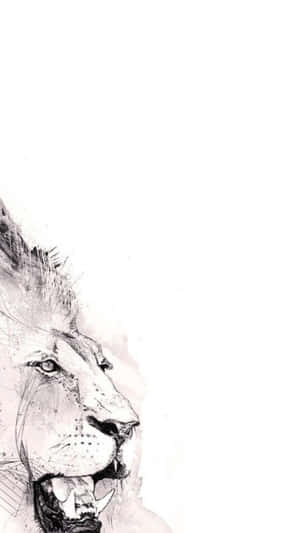 一幅黑白素描，描繪一頭兇猛的獅子側面頭像，張口露出尖牙咆哮。