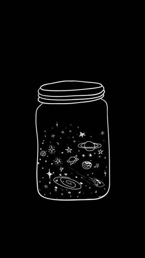 一個裝有微型宇宙的瓶子，裡面有以白色線條繪製的星星、行星和星系。 — IPhone風格壁紙