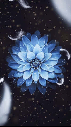 一朵藍色花朵在新月下漂浮於星星和羽毛之間。 — 花卉 iPhone 壁紙
