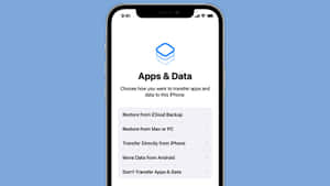 iPhone 在藍色背景上顯示應用程式與資料傳輸選項。 — 簡單 壁紙