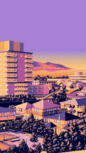 像素城市，紫色天空，橙色建築物被樹木環繞。