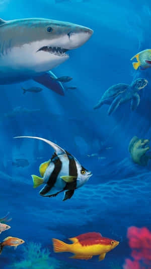 一條鯊魚在珊瑚礁附近游近熱帶魚和一隻海龜。