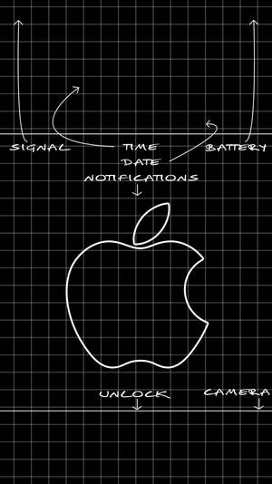黑色方格紙上手繪的Apple標誌及UI標籤。 — iPhone 鎖定畫面 GIF 壁紙