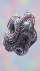 一個發光的抽象液體雕塑，帶有旋轉的彩虹色調。