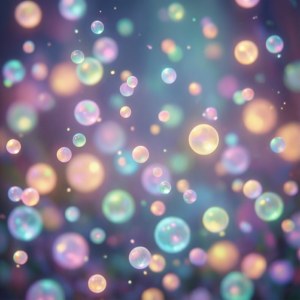 漂浮的彩虹色氣泡在柔和的粉彩漸變背景中閃耀。 — Tecno Phantom 壁紙