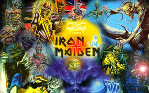 Iron Maiden 樂隊藝術作品， featuring 怪誕的幻想角色和怪物。
