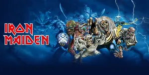 Iron Maiden 樂隊藝術作品,描繪暴風雨藍天下惡魔般的人物。