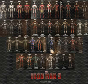 Iron Man 裝甲 Mark I 至 XLII 以網格顯示，附電影標題。 — 鋼鐵人 壁紙