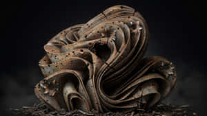 生鏽金屬雕塑，帶彈孔和碎片，黑暗背景