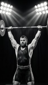 一位舉重運動員在黑暗的健身房明亮的燈光下將槓鈴舉過頭頂。