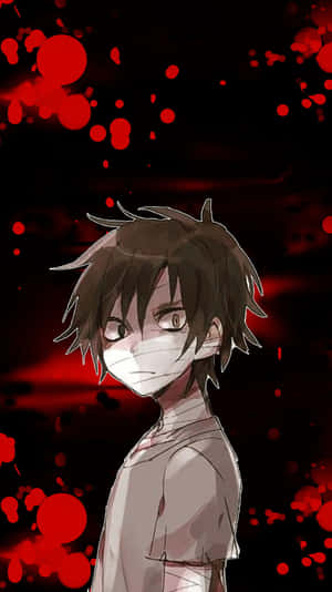 戴面具和亂髮的動漫男孩，紅色潑濺背景。