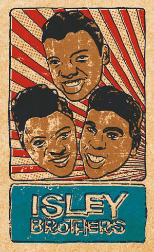 Isley Brothers 的復古海報，三個微笑面孔搭配大膽紅色條紋。 — Galaxy Tab Active5 Pro 壁紙