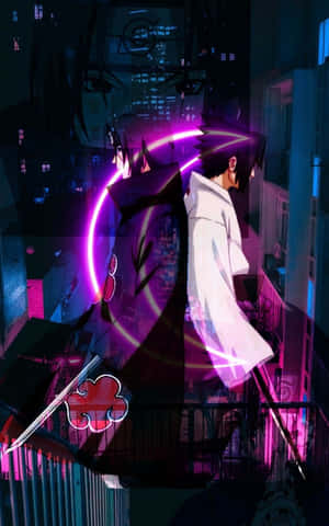 動漫角色帶著發光的紫色查克拉，夜晚站在城市陽台上。
