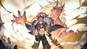 動漫惡魔戰士，眼睛發光，頭髮尖刺，站在一個更大的惡魔身影前，金色能量爆發。