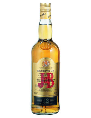 一瓶帶有金色和紅色標籤的Justerini & Brooks 12年蘇格蘭威士忌。