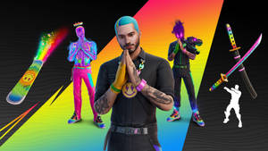 Fortnite角色穿著彩色服裝，在彩虹背景前手持發光武器。 — Fortnite 造型 壁紙