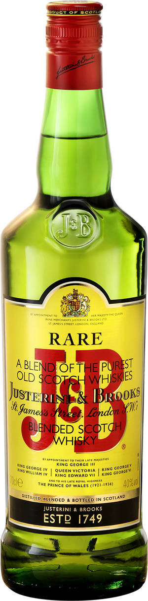 綠色玻璃瓶J&B Rare調和蘇格蘭威士忌，帶有紅色瓶蓋和金色標籤。
