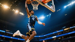 籃球運動員身穿孟菲斯灰熊隊球衣在場館燈光下灌籃