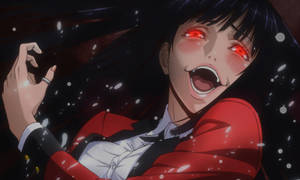 紅眼動漫女孩在紅色外套中尖叫，雪花飄落。