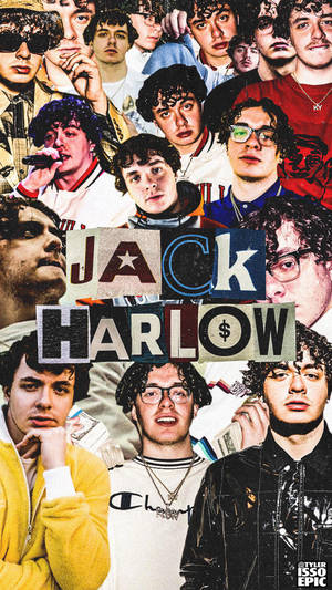 Jack Harlow不同服裝和表情的拼貼畫，他的名字以風格化文字呈現。 — 美學拼貼 壁紙
