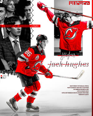 Jack Hughes 冰球運動員身穿紅色球衣高舉球棍慶祝。 — 冰球 壁紙