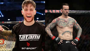 兩名男性UFC拳手，一人拿著冠軍腰帶，另一人有紋身在八角籠中。