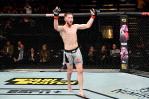 UFC拳手在八角籠內高舉雙臂慶祝勝利。