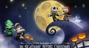 Jack Skellington 和 Sally 在螺旋形山丘上，滿月下與南瓜燈一起。 — 萬聖節美學 壁紙