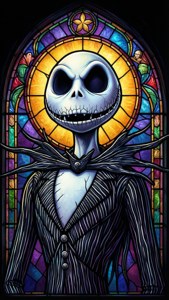 彩繪玻璃窗中的 Jack Skellington 與發光的光環。