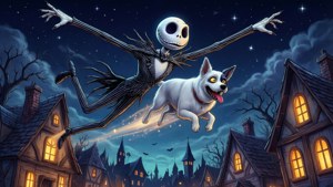 Jack與Zero在萬聖鎮上空飛翔的魔法向量圖。 — Jack skellington GIF 壁紙