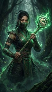 神秘戰士在黑暗魔法森林中手持發光法杖