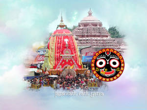 Jagannath Rath Yatra戰車，下方有寺廟和人群，天空多雲。