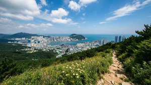 一條有野花的遠足小徑，俯瞰沿海城市和海洋，藍天白雲