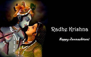 穿著傳統服飾的拉妲和克里希納，帶有'Radhe Krishna Happy Janmashtami'文字。