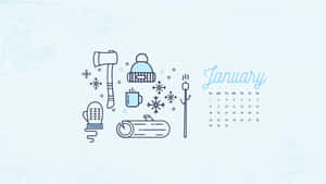 一月日曆，帶有冬季主題圖標，包括雪花、馬克杯、斧頭、手套和帽子。