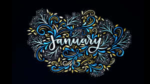 黑色背景上帶有藍色金色漩渦的January文字藝術 — 新年動畫 壁紙