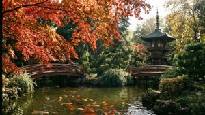 一座木橋在紅楓樹下穿過錦鯉池，靠近日本寶塔。