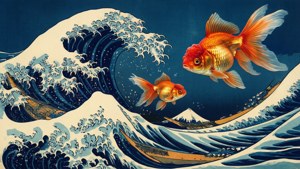 兩條金魚在船和雪山背景下，在巨大的海浪中游動。