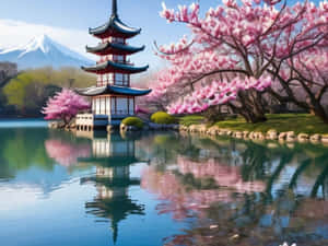 傳統日本寶塔，旁邊有湖，背景有櫻花和雪山。