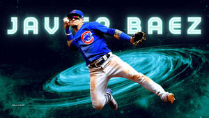 棒球手 Javier Baez 在宇宙星雲中投球，帶有發光名字文字。