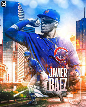 Javier Baez 身穿小熊隊制服，在日落時分以棒球向城市天際線敬禮。