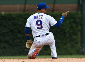 棒球手 Javier Baez 在晴朗的日子比賽中指向。