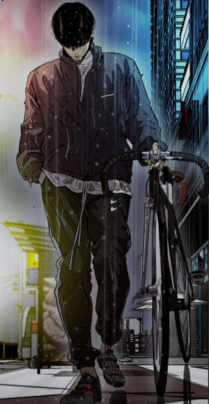 一個年輕男子在霓虹燈下，夜晚推著單車走過雨中的城市小巷。 — 雨 壁紙