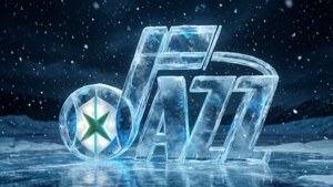 夜間飄雪下，冰上雕刻的爵士標誌和籃球