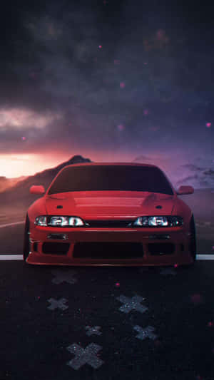 暮色中的紅色跑車在道路上，背景有山脈和星空。