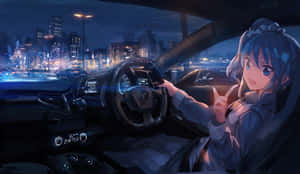 動漫女孩微笑著駕駛汽車穿過充滿活力的夜景。