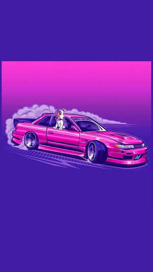 粉紅色飄移車與狗司機在紫色漸變背景上燒胎冒煙