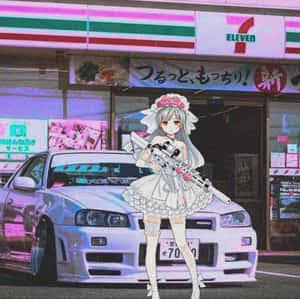 動畫女僕在霓虹燈下，站在7-eleven和白色跑車前手持步槍。