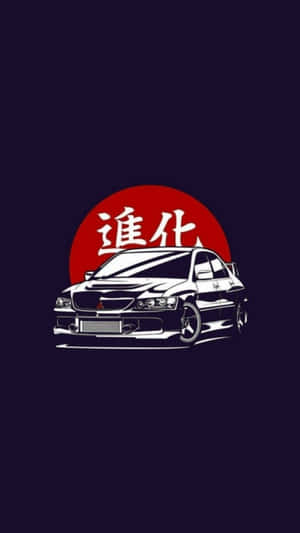 黑色三菱Lancer Evolution，帶有紅色太陽和日文字，背景為深藍色。 — 藝術 壁紙
